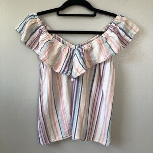 Ava James Off Shoulder Ruffle Top Womens Medium Pastel Striped Linen Blend Girly